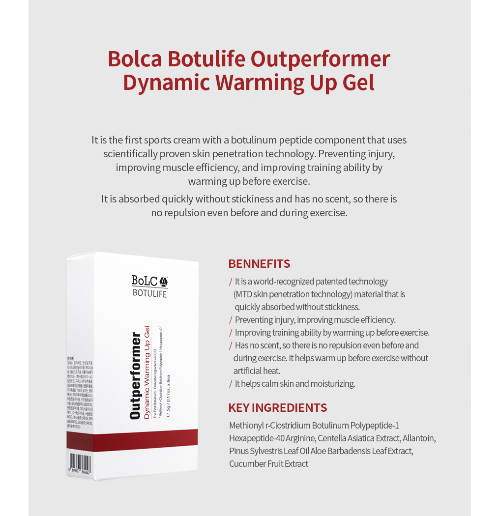 Bolca Botulife Outperformer Dynamic Warming Up Gel. It is the first sports cream with a botulinum peptide component that uses scientifically proven skin penetration technology. Preventing injury, improving muscle efficiency, and improving training ability by warming up before exercise. It is absorbed quickly without stickiness and has no scent, so there is no repulsion even before and during exercise.